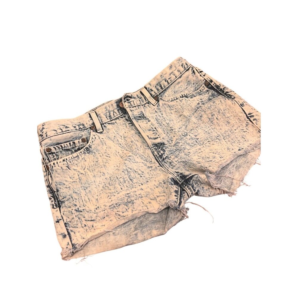 Levis High-Rise Shorts Acid Washed Denim Buttonfly Jean Shorts with Frayed Hem S